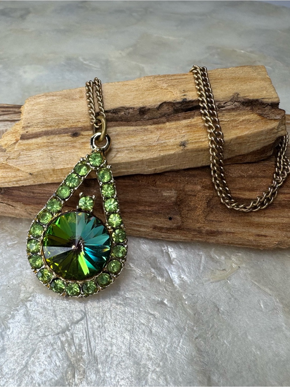Watermelon Rivoli Crystal Pendant Necklace Green Rhinestone Open Teardrop